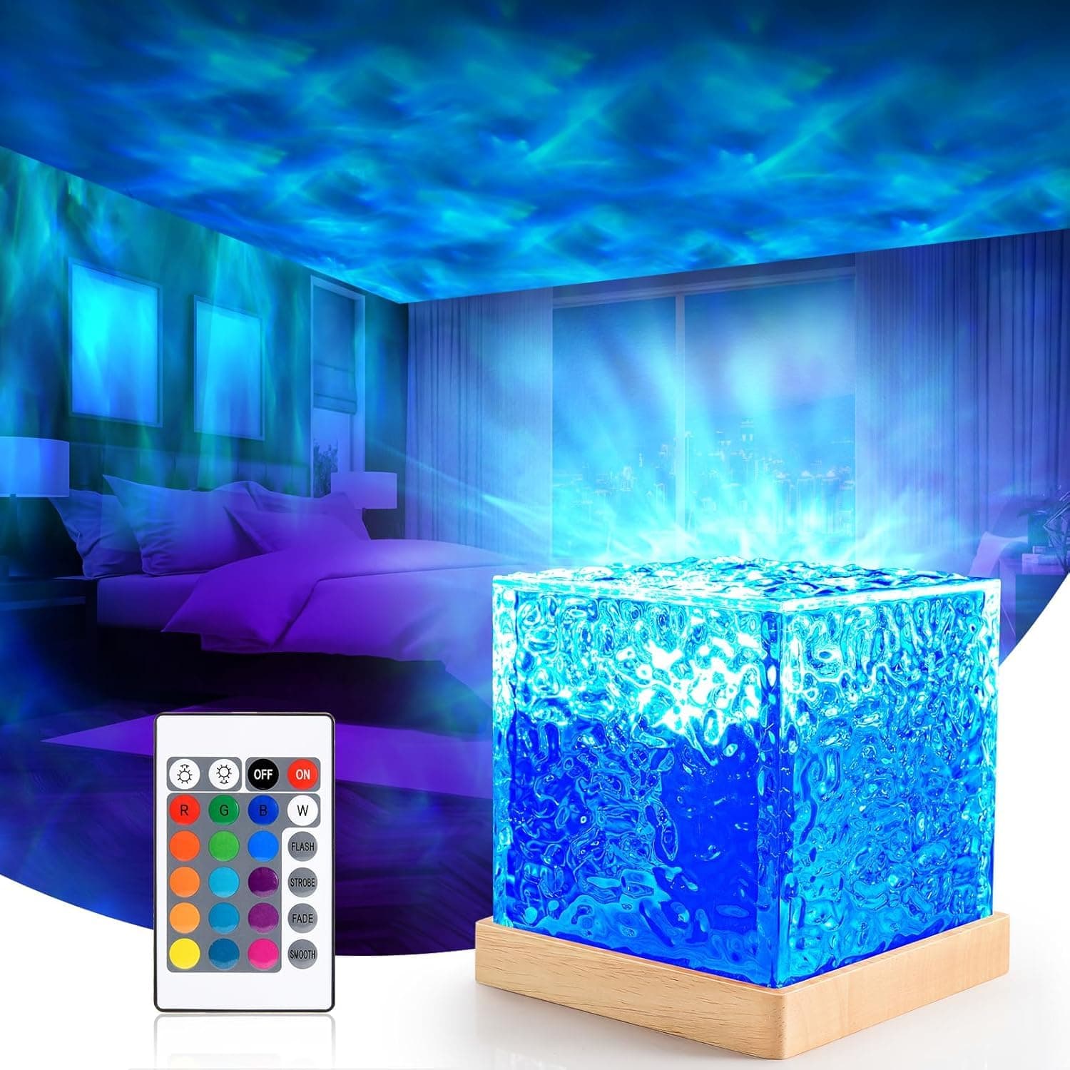 DOCAT 3D Ocean Wave Effect Night Light for Bedroom 16 Colors Gradual Rotating LED Projection Night Lamp Projector for Bedroom Light Decor, Crystal Table Lamp for Home, Remote Control (Night Lamp)