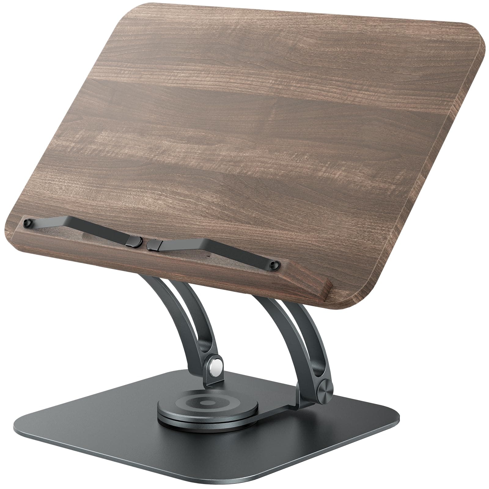 Gray Modern Foldable Book Stand for Reading, Adjustable 360° Swivel Base with Elastic Page Clips