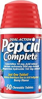 Pepcid Complete Acid Reducer + Antacid for Acid Reflux, 10mg Famotidine, 800mg Calcium Carbonate & 165mg Magnesium Hydroxide per Heartburn Medicine Tablet, Antacid Chews, Berry, 50 ct