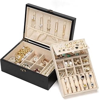 PoyiloooPoyilooo Jewelry Box Organizer, Solid Wood Jewelry Boxes for Women, Double Layer Jewelry Organizer Box Display Earring Necklace Bracelet Ring, Rustic Style Small Jewelry Box for Girls