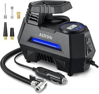 AstroAI Tyre Inflator Air Compressor 12V DC, 35LPM 100W Powerful Portable Car Tyre Pump Auto-Stop with Digital Pressure Gauge, 4 Valve Adaptors and LED Light, Car Accessories