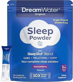 Dream Water Sleep Aid Powder; Melatonin 5mg, GABA, 5-HTP; Natural Flavors; Helps You to Fall Asleep, Fast, and Wake Refreshed; Snoozeberry, 30-Count.