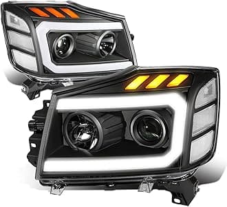 Auto Dynasty LED DRL Headlights Assembly Compatible with 2004-2015 Nissan Titan Armada, Driver and Passenger Side 3D DRL Headlamps w/LED Turn Signal, Projector Low Beam, Black Housing Clear Corner