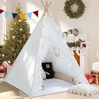 WIRHAO Teepee Tent for Kids with Padded Mat Cotton Canvas Kids Teepee with Pompom for Toddlers Indoor Play Tent for Girls Boys with Stars Lights, Carry Bag, Banner Flag (Snowman)