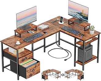 Furologee 59” L Shaped Desk with Power Outlet, Reversible Computer Desk with File Drawer & 2 Monitor Stands, Corner Home Office Table with Storage Shelves for Gaming Writing, Rustic Brown