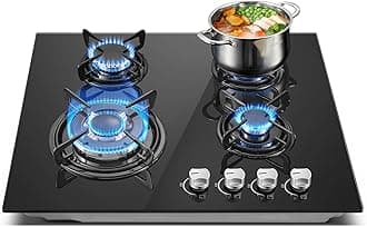 Gas Hob 4 Burners, TopStrong 60cm Gas Hob with Wok Burner, Built-in Gas Hob Cooker with Thermocouple Protection, Black Glass Plug in Gas Hob Cooktop, NG/LPG, 8060W (3400W+1880W+1880 W+900 W)