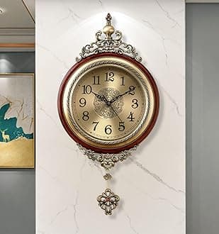 Pendulum Wall Clock, Battery Operated Quartz Movement, Silent Non Ticking, Large Antique Metal Wooden Clock, for Home Decor Living Room Office