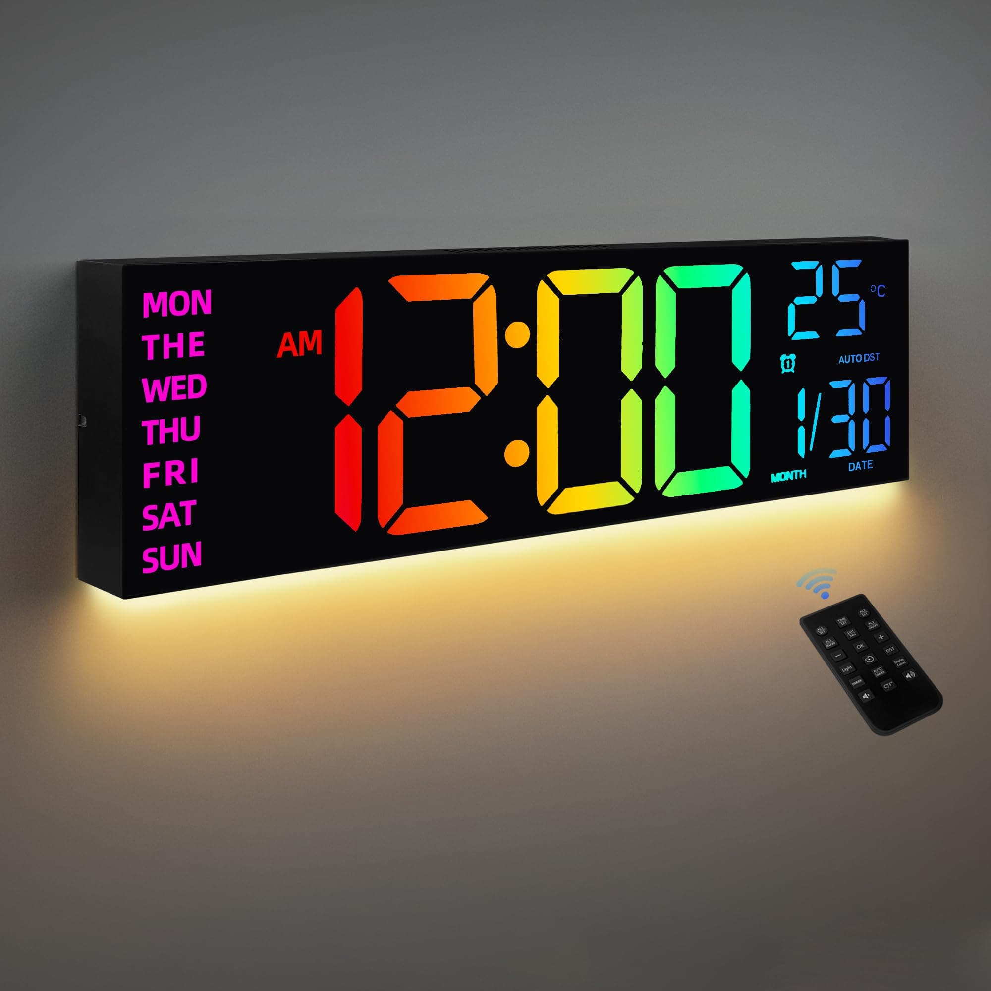 8 Colors Digital Wall Clock, 16.2" Large Digital Clock with Temperature, Date, Automatic Summer Time, Night Light, Automatic Brightness Dimmer, 24/12-Hour Wall Clock for Living Room Office