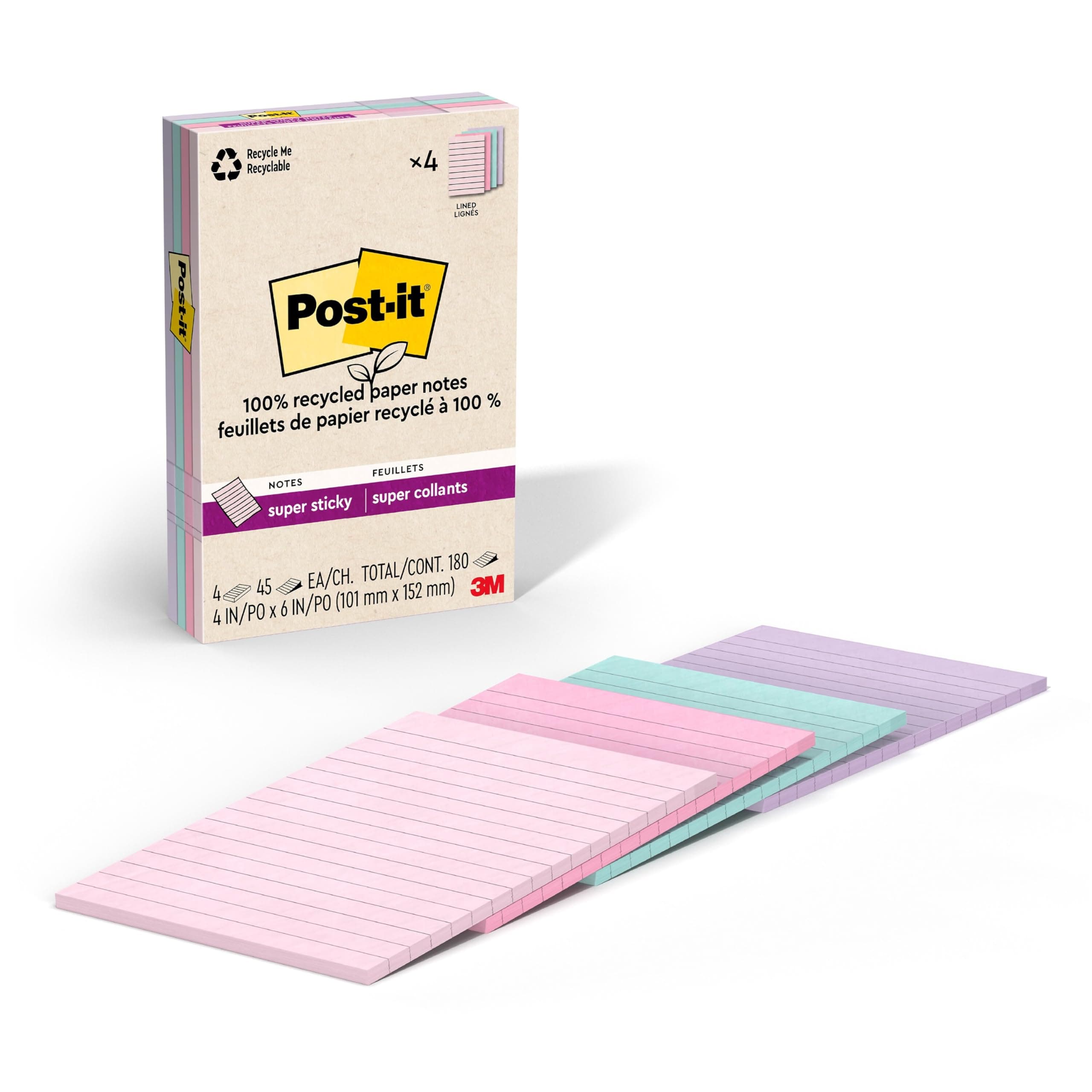 100% Recycled Paper Super Sticky Notes, Lined, 4 in. x 6 in., 4 Pads, 45 Sheets per Pad, Wanderlust Pastels, School Supplies and Office Products