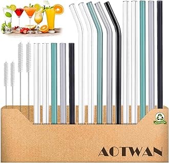 Glass Straws Drinking Reusable Colorful 19 Pack,Size 8.5''x10MM,8.5''x8MM and 6''x10MM,Glass Straws Shatter Resistant Including 10 Straight and 5 Bent with 4 Brushes,Reusable Straw for Cocktail