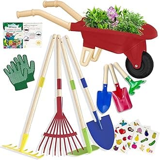 Kids Gardening Tools Outdoor Toys Set Backyard Play with Wheelbarrow Educational STEM Learning Pretend Toys Outdoor Indoor for Toddlers Kids Boys Girls (Red Wheelbarrow Set)