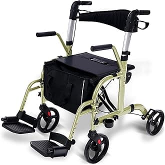WINLOVE 2 in 1 Rollator Walkers for Seniors with Padded Seat- Medical Transport Chair Walker with Adjustable Handle and Reversible Backrest(Champagne)