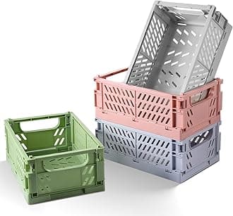 HUUSMOT 4-Pack Small Pastel Plastic Storage Baskets, Collapsible Crates for Organizing, Space-Saving Mini Bins for Classroom, Kitchen, Office, Bedroom (9.8" x 6.5" x 3.8")