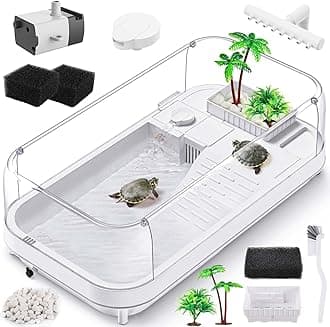 Large Turtle Tank with Water Pump, Acrylic Turtle Tank Starter Kit with Heightened and Curved Fences, Multi-Function Areas, Bottom Drainage