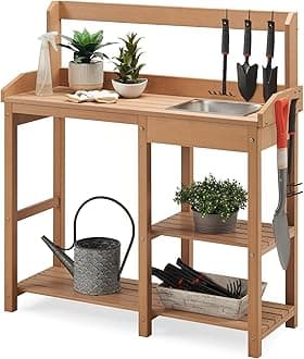 Outdoor Potting Bench with Sink, Rot-Resistant HDPS Potting Table for Outside Garden, All-Weather Use, (Teak)