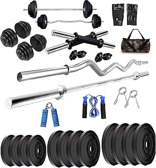 BULLAR Home Gym Set, Home Gym Combo, Home Gym Equipments for Men, 3ft, 5Ft Straight Rod+ One Pair Dumbbell Rods , PVC Dumbbell Plates, Home Gym, Army Bag with Gym Accessories (16KG Combo)