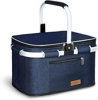 LIQING 35L Large Picnic Basket 2 Layers of Internal Pockets Leak-Proof and Insulated ，Folding with Internal Support for enhansed Stability, Wedding Gifts for Couple(Navy Blue)