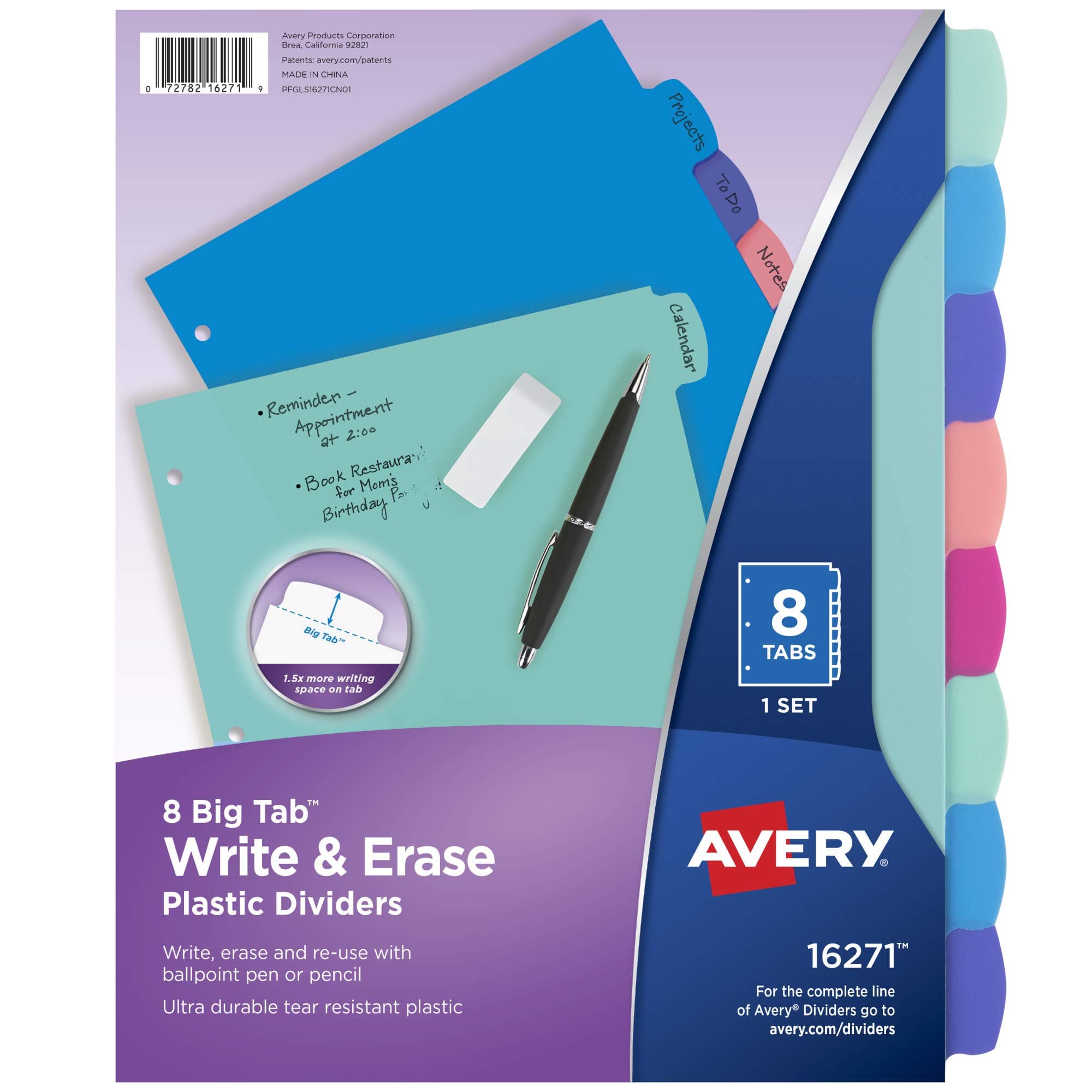 Write & Erase Dividers for 3 Ring Binders, 8 Tabs per Set, Multicolor Big Tabs, Pastels, Binder Dividers Great for Organizing Reports, Projects, and More (16271)