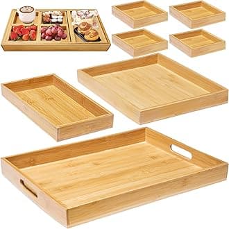 Wooden Serving Trays with Handle - Set of 7 - Large, Medium, Small and Mini - Nesting Multipurpose Trays - for Breakfast, Coffee Table/Butler & More - Light & Sturdy Wood Tray