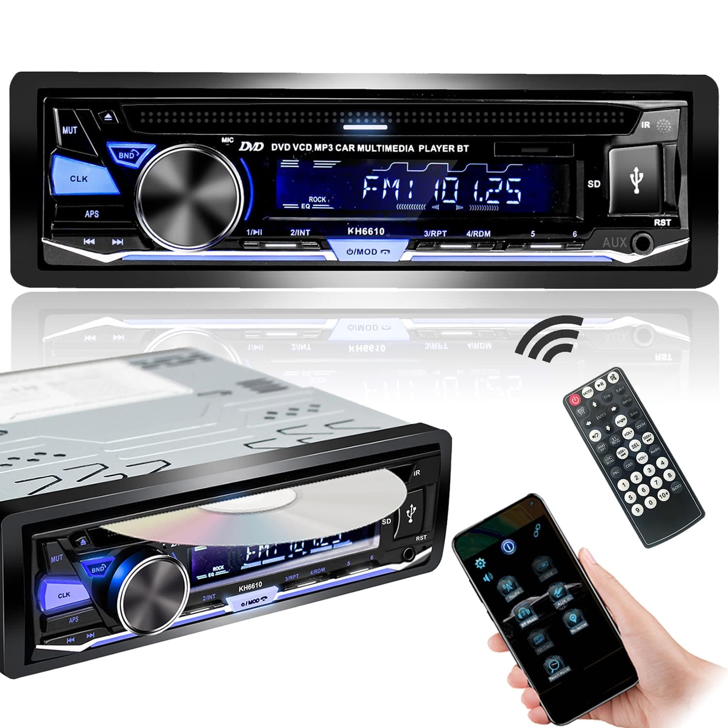 Single Din Car Stereo CD DVD Player Bluetooth FM/RDS/AM Radio APP Control MP3 USB SD AUX