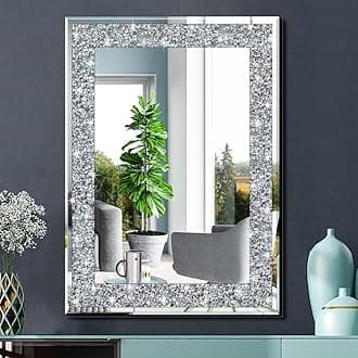 Silver Rectangle Mirror with Crushed Diamonds Crystal Wall Decor 20"x28" Frameless Glass Mirror Acrylic Diamond Decor