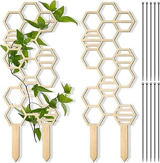 2 Pcs Indoor Plant Trellis for Climbing Plants, 16" Wooden Small Trellis Hexagon Potted Plant Trellis with 10 Pcs Black Cable Ties for Vine Flower Stem Support Accessories(Honeycomb)