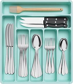 Lifewit Cutlery Drawer Organiser, Plastic Cutlery Tray for Kitchen Drawer, Utensil Flatware Silverware Holder Divider for Spoons Forks Knives Tableware, 7 Compartment, Turquoise