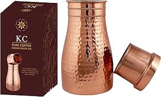 KC Pure Copper Designer Copper Water Bottle | Pitchers | Water Jug | Bedroom Jar | Bedside Bottle Carafes with Tumbler/Glass with Lid 1250 ML (Hammered)