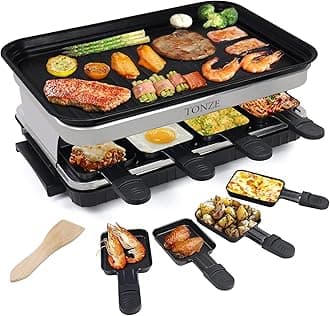 Indoor Grill Smokeless Korean BBQ Grill 2 IN 1 Griddle Electric Grill Raclette Table Grill Kitchen Appliances with 8 Mini Grill Cheese Pans Christmas Gift Removable Non-Stick Temperature Control,1500W