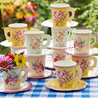 Pack of 24 Vintage Floral Cup & Saucer Afternoon Tea Set | Truly Scrumptious Disposable Tableware for Birthday or Garden Party, Baby Shower, Wedding, TRULYCUPSET24