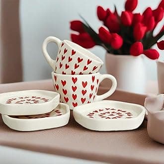 Praahi Lifestyle Ceramic Love Latte Coffee Mug & Dessert Plate Set | Red Heart | Perfect for Home and Office | Set of 2 Cups & 2 Plates, 300 ML | Best for Diwali Gifts