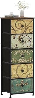 VEDECASA Narrow Tall Chest of Drawers 5 Fabric Drawer Dresser for Bedroom Slim Storage Tower Organizer Unit for Living Room Bedroom Closet Entryway Wood Board Sturdy Metal Frame Easy to Assemble