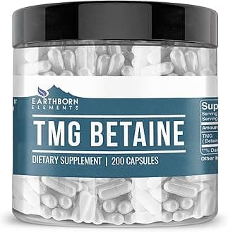 Earthborn ElementsTMG Betaine Anhydrous Trimethylglycine, 960mg Serving, 200 Caps, Premium & 100% Pure with No Fillers or Additives, Non-GMO, Lab Verified, Made in The USA,