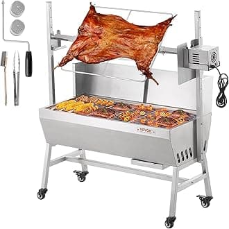 VEVOR Rotisserie Grill with Windscreen, BBQ Whole Pig Lamb Goat Charcoal Spit Grill, 35 Inch 90 Lbs Capacity, Electric 42W Motor Stainless Steel Roaster with Lockable Wheels, for Camping Outdoor