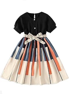 PAMBERSTON Girls Geometric Print Dress for Kids, Fit and Flare, Round Neck, Frock for Girls (Black)