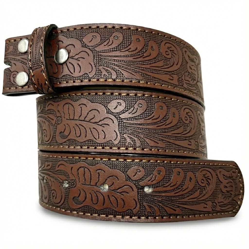 BC Belts Western Leather Belt Strap - 1.5” Wide with Embossed Scrollwork Without Buckle for Men & Women, Cowboy/Cowgirl Style