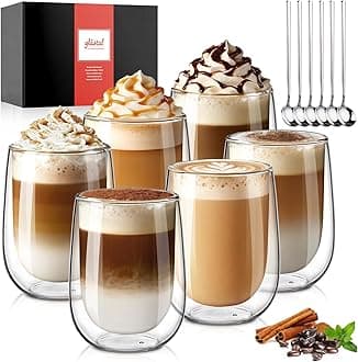 glastal 6x350ml Double Walled Coffee Glasses Mugs Cappuccino Latte Macchiato Glasses Cups for Coffee Tea Milk Juice Ice Cream Borosilicate Heat Resistant Glass Cups