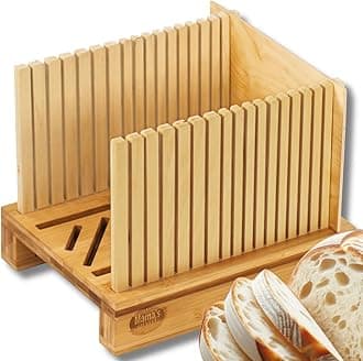 Mama's Great Bamboo Slicer for Homemade Bread - Adjustable Slicing Width Bread Slice Guide with Sturdy Wood Cutting Board - Compact and Foldable - Easy to Cut Bagels and Bread Slices