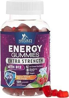 Energy Gummies - Vitamin B12 1000 mcg Per Serving - Daily Energy Chews with Natural Caffeine from Green Tea, Berry Flavored B12 Gummy Exercise Supplement for Running Cycling & Sports - 120 Gummies