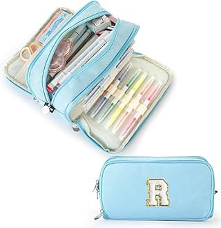 Extra Large Capacity Pencil Case 3 Compartment Initial Pencil Pouch Personalized Cute Aesthetic Stationery Pen Case Bag for School Teen Girl Boy Men Women Gift (R, Blue)