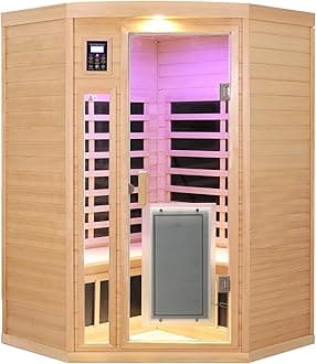 2-3 Person Infrared Sauna, 0-5mg Low EMF Infrared Saunas for Home, Indoor Home Sauna Spa, Hemlock Wooden Corner Sauna Room, Bluetooth Speakers, Chromotherapy Lights