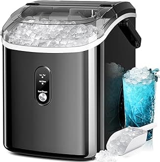 Kismile Nugget Ice Makers Countertop, Portable Sonic Ice Machine with Self-Cleaning/One-Click Operation for Home/Office(Stainless Steels Black)