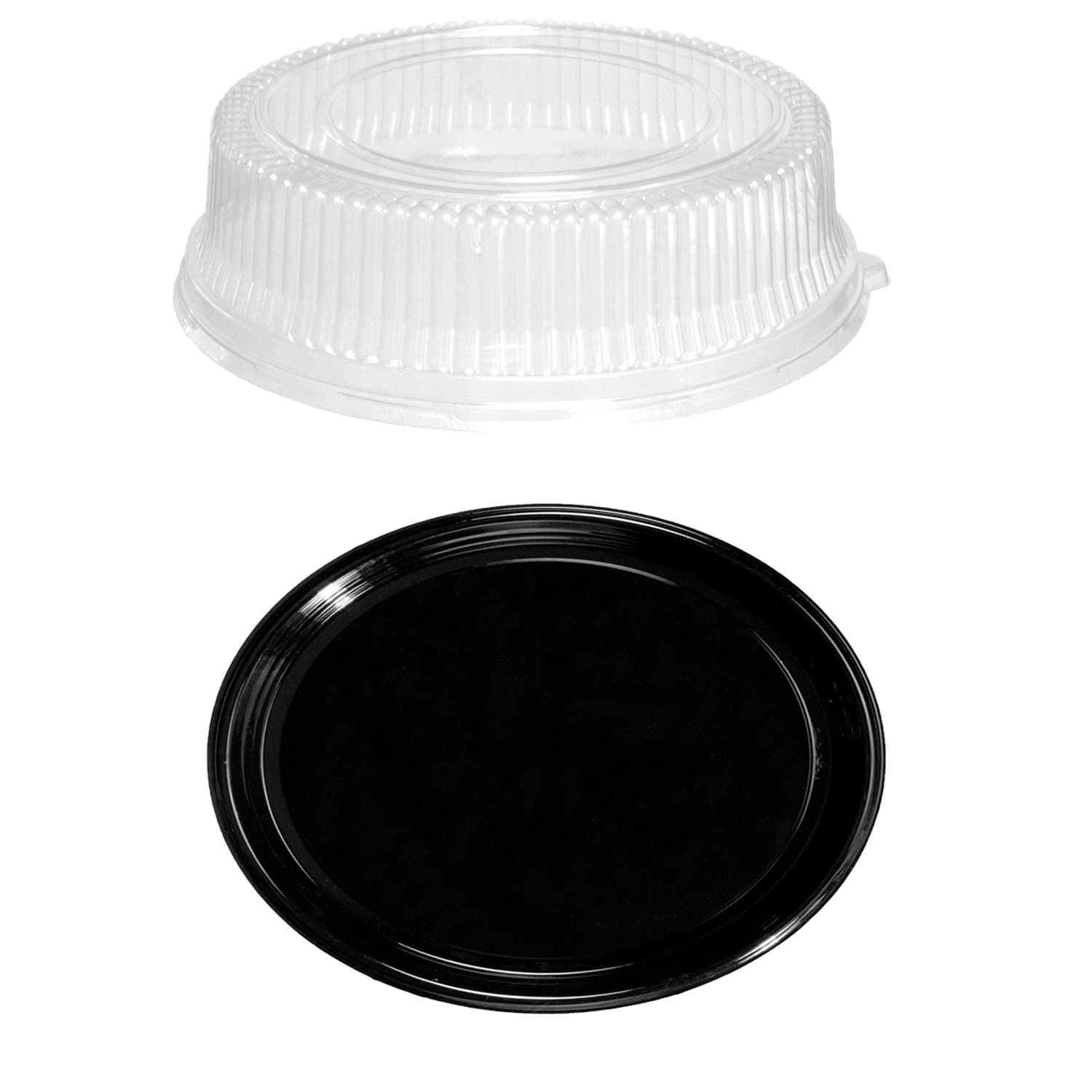 Party Essentials Soft Plastic 12-Inch Round Flat Serving/Catering Trays, Black with Clear Dome Lids, Set of 2