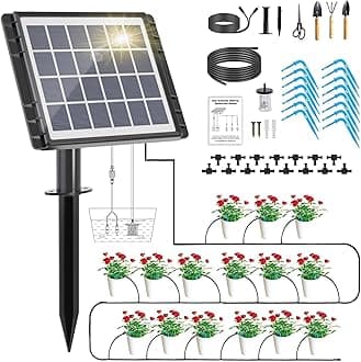 Solar Auto Drip Irrigation Kit System, Solar Powered Plants Watering System, Self Watering Devices Supported 15Pots with 6Timing Modes, Irrigation System for Indoor and Outdoor,Balcony Patio & Garden