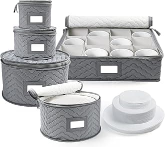 LotFancy China Storage Containers, Quilted 5-Piece Set Storage Box, Chinaware Dinnerware Dish Plate Mug Cup Storage Case, 48 Felt Protectors, Cardboard Dividers Included