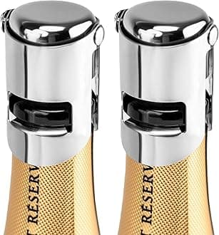 2 Pcs Champagne Stoppers - Premium Stainless Steel Reusable Champagne Bottle Stoppers with Locking Clamp - German Design Keep Bubbles Fresh for Prosecco, Cava, Sparkling Vine Stopper