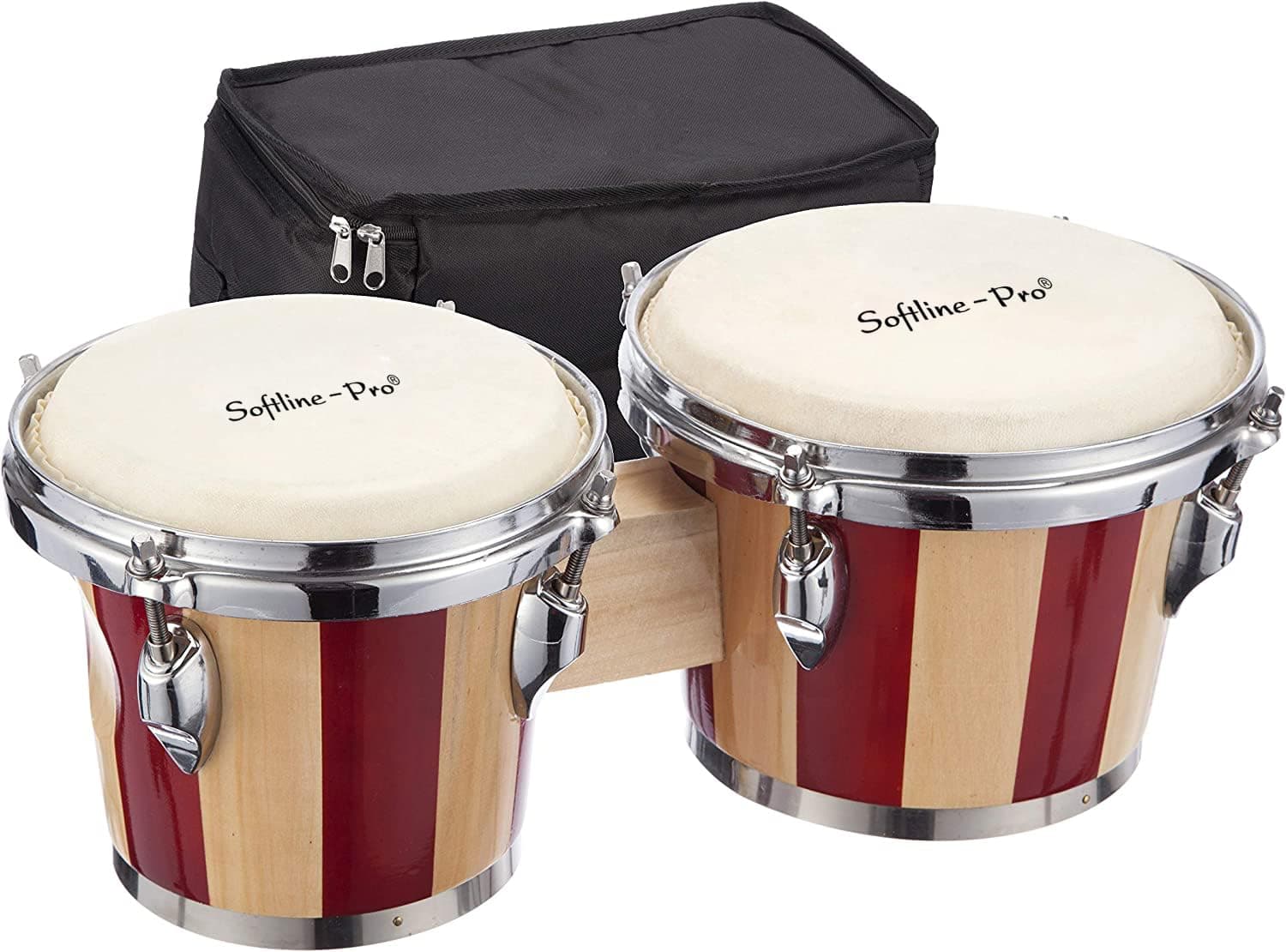Softline Pro SP-BNG-P, RNT Bongo Drum Set with Padded Bag and Tuning Key/Wrench Professionals Wooden Bongos Drum for Beginner Adults Kids Bongo Drum Percussion Instrument (Red Stripe - Premium)