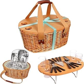 Hap Tim Wicker Picnic Basket Set for 4 with Mini Folding Wine Picnic Table & Large Insulated Cooler Bag & Cutlery Service Kits for 4 Person, Couples Gifts, Wedding Gifts (Y2209-4-GR)