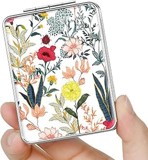 Pocket Mirror, Small Travel Mirror with Magnification, Portable Double-Sided Magnifying Cosmetic Mirror for Daily (White Flowers)