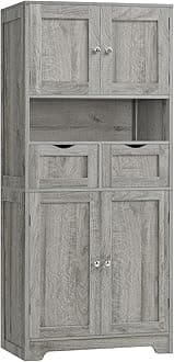 Tall Storage Cabinet with Adjustable Shelf, Bathroom Cabinet with 2 Drawers, Linen Cabinet for Living Room, Grey